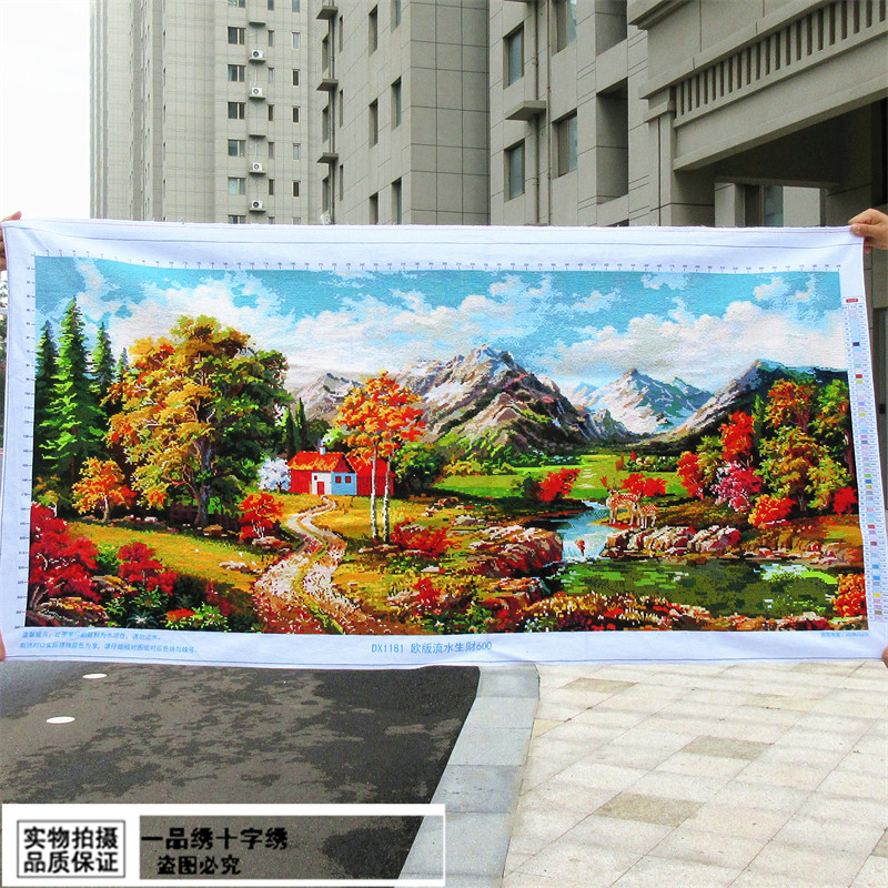 新款高端纯手工十字绣成品客厅欧式小屋大幅风景画流水生财绣好的