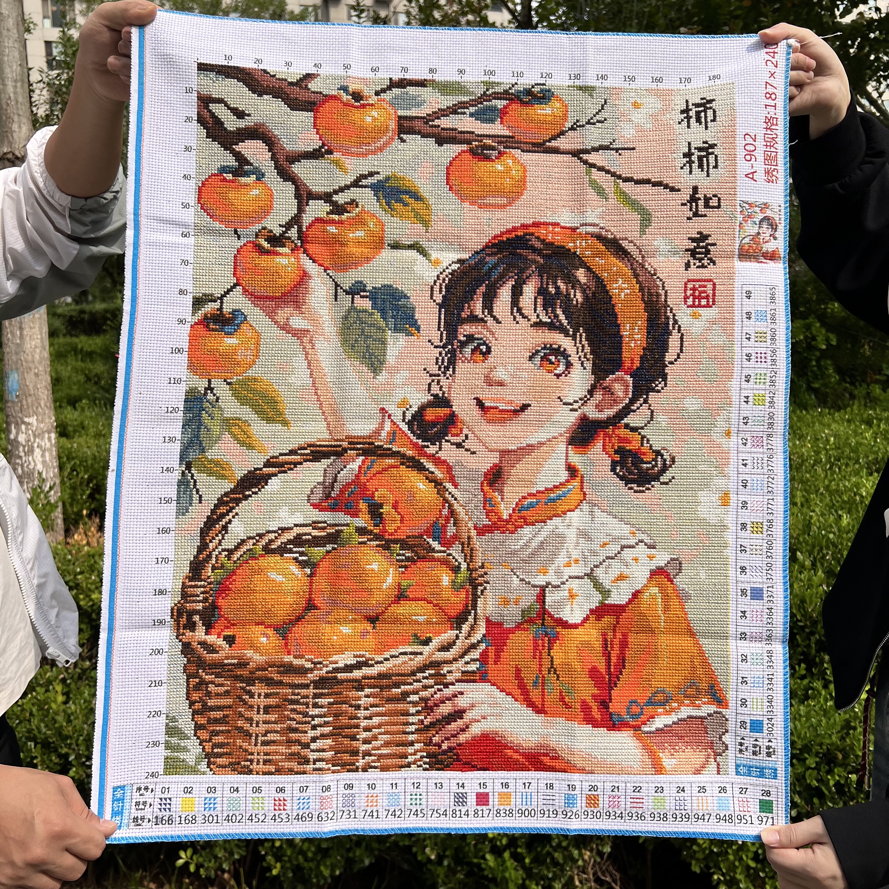 纯手工十字绣成品新款事事如意柿柿如意柿子图小女孩可爱装饰挂画
