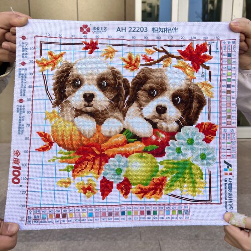 纯手工绣好的十字绣成品新款相知相伴两只小狗可爱卧室装饰挂画