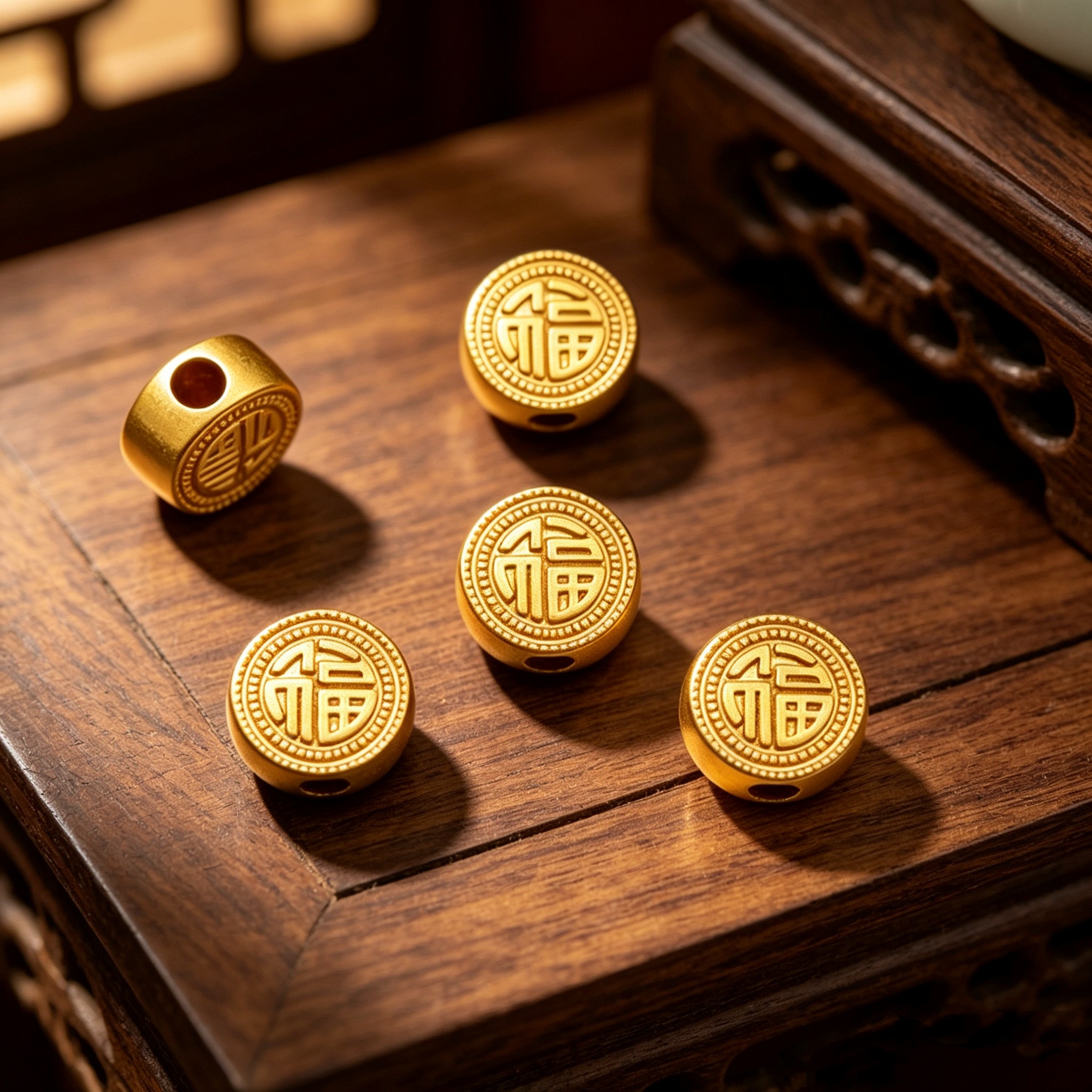 古法沙金配件纯金色福字圆形通孔珠DIY手工项链饰品配件