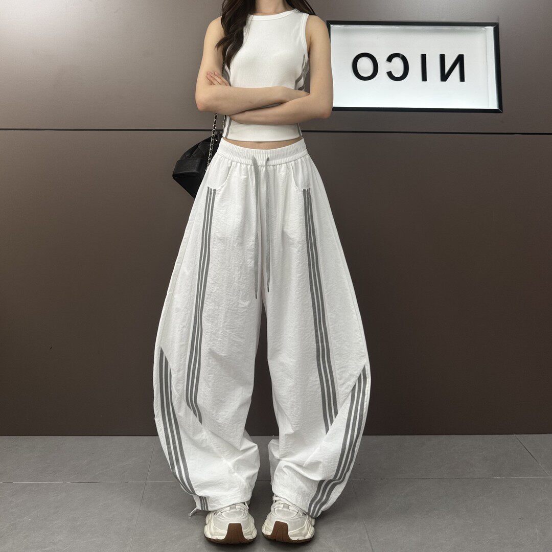 速干冰丝防晒阔腿裤女2026夏季新款宽松条纹直筒休闲运动工装裤潮