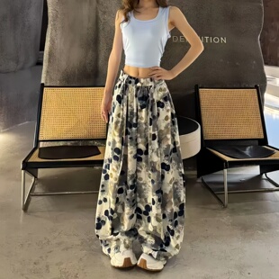 碎花冰感雪纺阔腿裤女2026年夏季新款宽松高腰飘带垂顺休闲运动裤