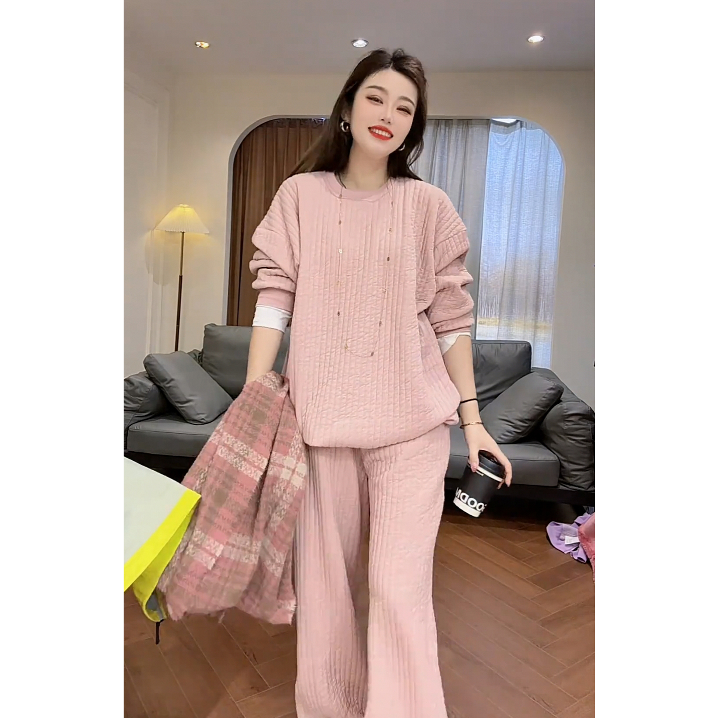 肌理感坑条绗缝夹棉宽松棉服套装