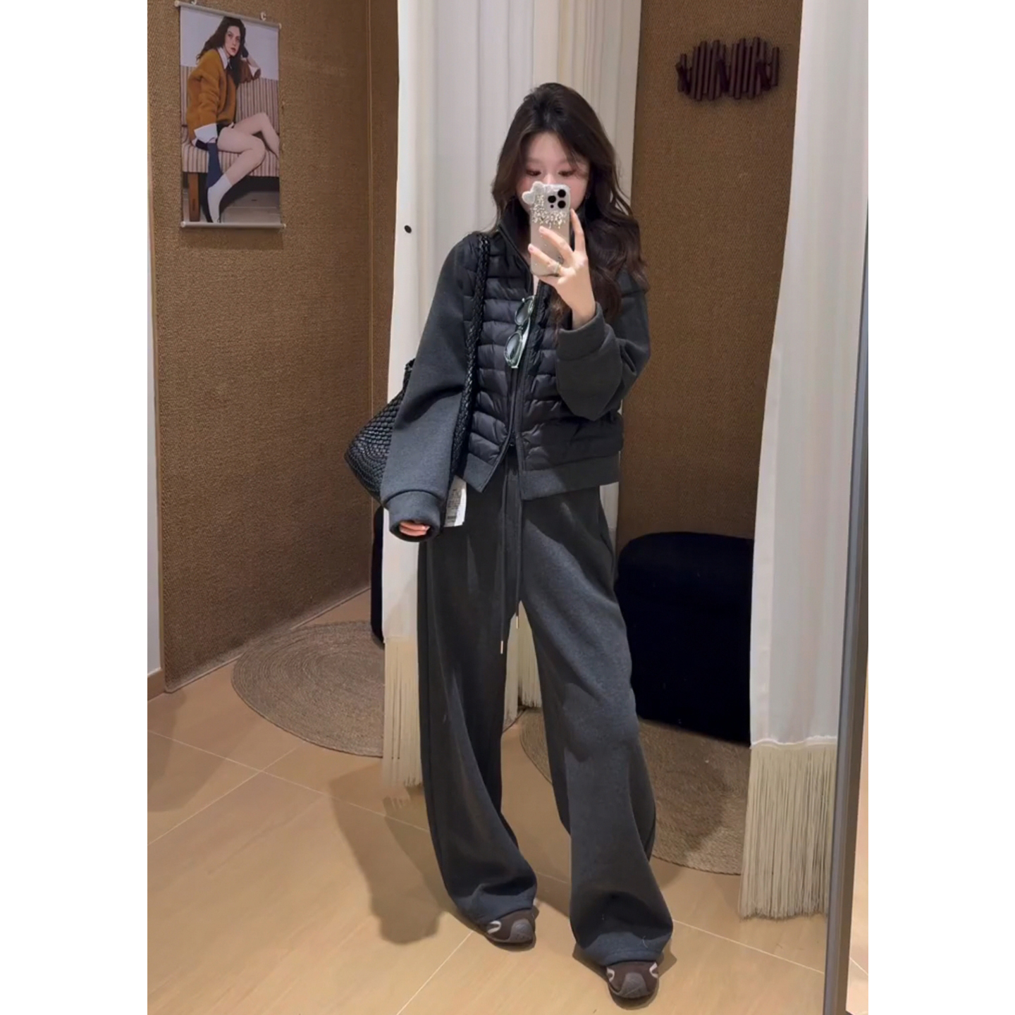 韩系一整套深冬穿搭羽绒拼接棉服