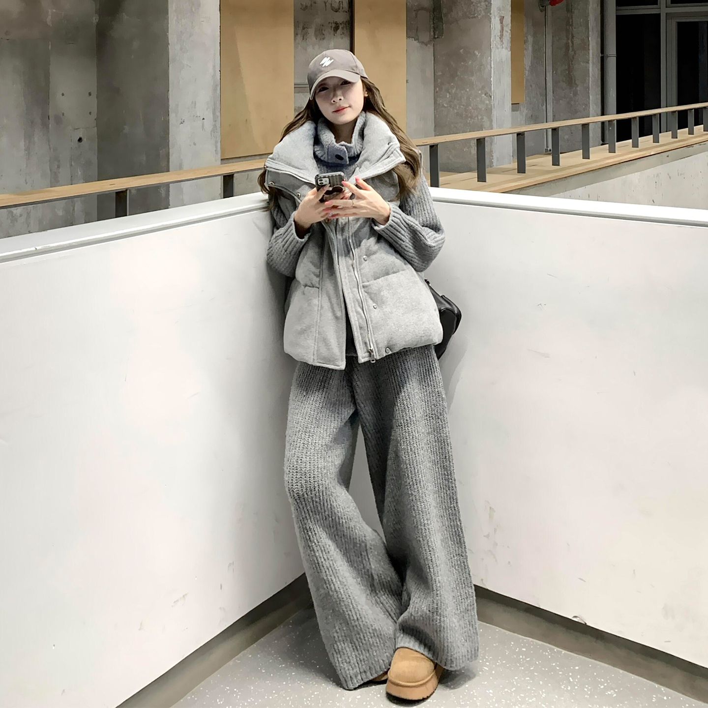 韩系一整套深冬穿搭棉服针织套装