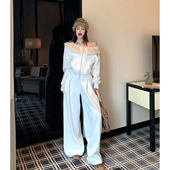 一整套白色斜肩毛领卫衣裤 欧货高级感巨好看 秋装 子两件套小香风