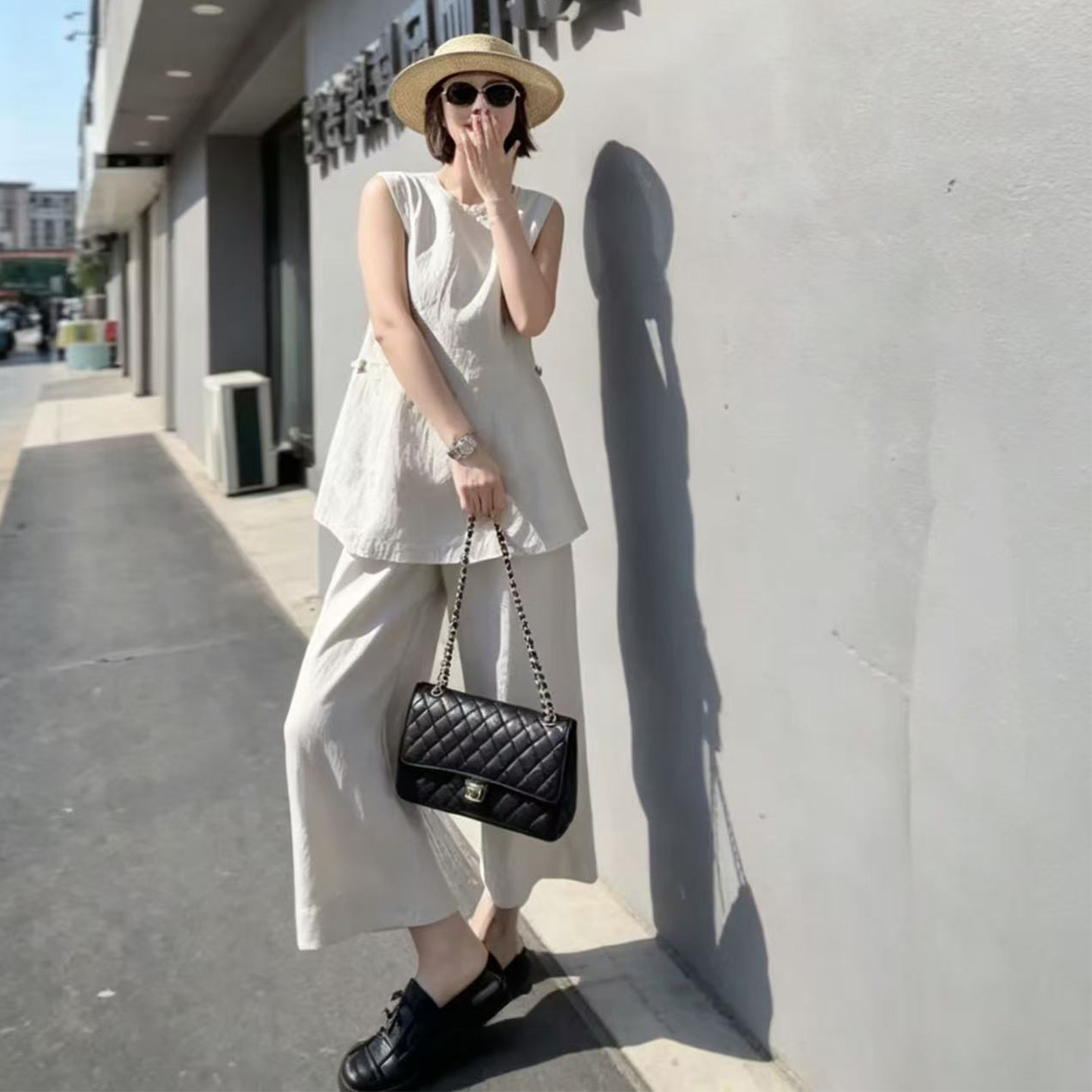 老钱风亚麻套装夏季高端松弛感宽松休闲运动无袖马甲阔腿裤两件套