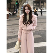 韩风chic一整套高级感盐系减龄粉色加绒连帽卫衣运动服两件套冬装