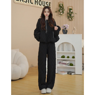 高级感运动套装女冬季欧货复古休闲炸街菱格棉服外套阔腿裤两件套