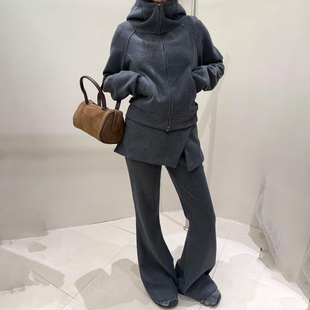 巨好看的冬装套装高级感运动服复古灰色加绒连帽卫衣微喇裤两件套