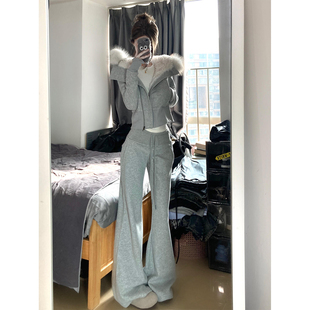 运动套装女2025超火冬装高级感大毛领连帽卫衣阔腿裤两件套慵懒风