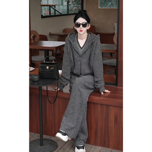 高级感网红超火运动服套装女秋冬慵懒风条纹卫衣阔腿裤两件套减龄