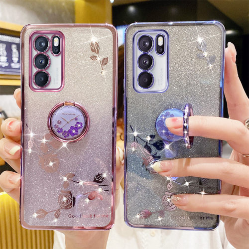 适用渐变闪粉玫瑰花opporeno6手机壳reno6pro新款透明6pro高级感reno6高端奢华水钻o镜头全包曲面屏网红女指