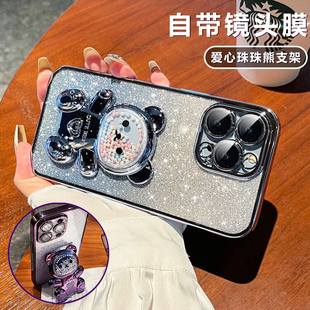 适用立体抱抱熊华为mate50手机壳Mate40pro新款支架mate30pro透明电镀40E闪粉5g女por带镜头膜全包MATE50高级