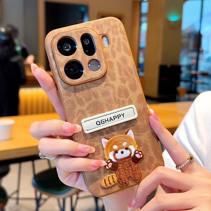 适用oppofindx9手机壳新款卡通刺绣猫Findx9pro潮流豹纹皮美拉德棕findx9pro素皮外壳5g带支架防摔保护套女款