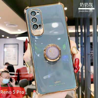 四角防摔oppoReno5手机壳reno5pro创意时钟指环支架reno5镜头全包保护电镀硅胶软壳潮牌网红情侣男女款外壳套