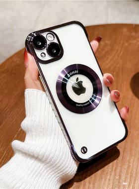 适用苹果13手机壳带镜头膜无边框iPhone14promax放大镜磁吸护镜露标pro透明PC电镀硬壳12简约防摔保护套