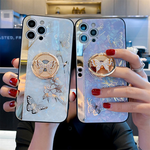蝴蝶闪钻iPhone16pro支架防摔套15promax镜头全包14PRO外壳11潮网红女ip12奢华挂脖网红 适用苹果13手机壳新款