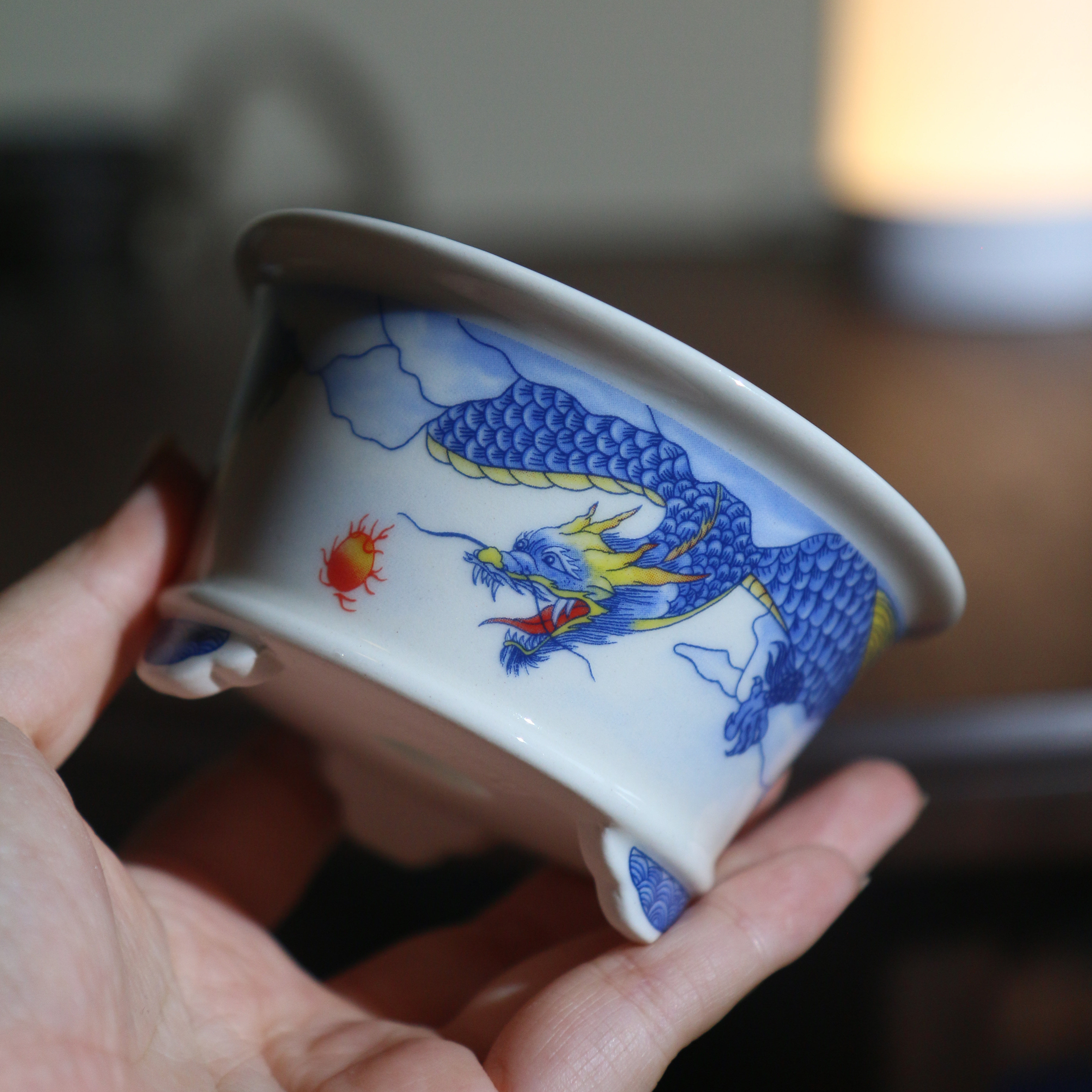 紫砂花盆陶瓷贴花手绘彩绘山水盆景盆圆形水墨画中国风古典盆栽