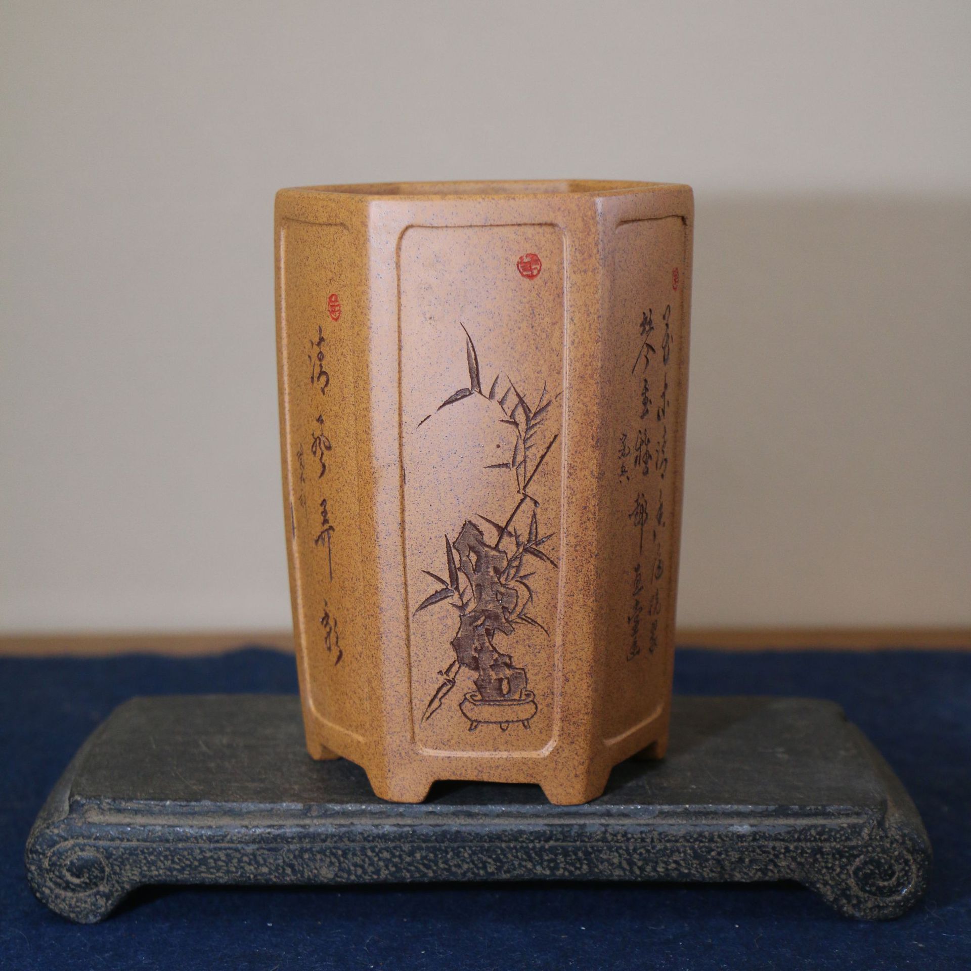 紫砂花盆六方形六角形柴烧降坡泥兰花盆苏兵名家盆手工盆兰盆