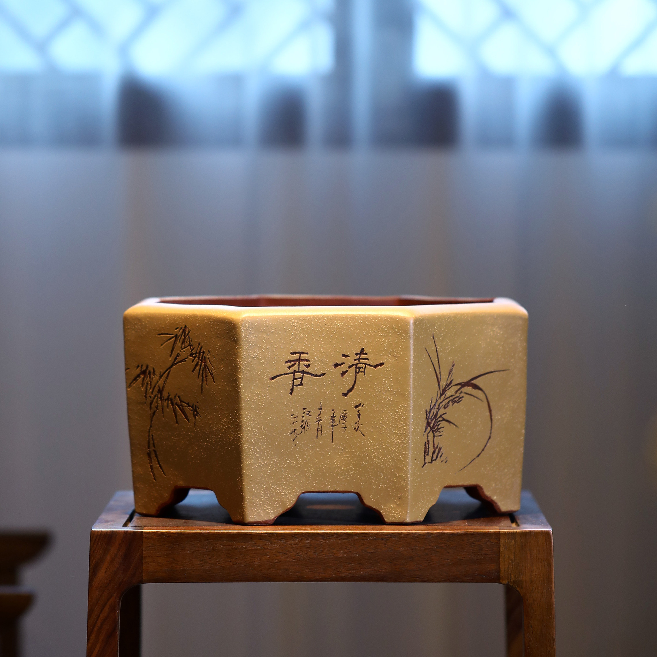 紫砂花盆刻绘精工通转山水六方八方形盆景盆觅陶乡兰花盆