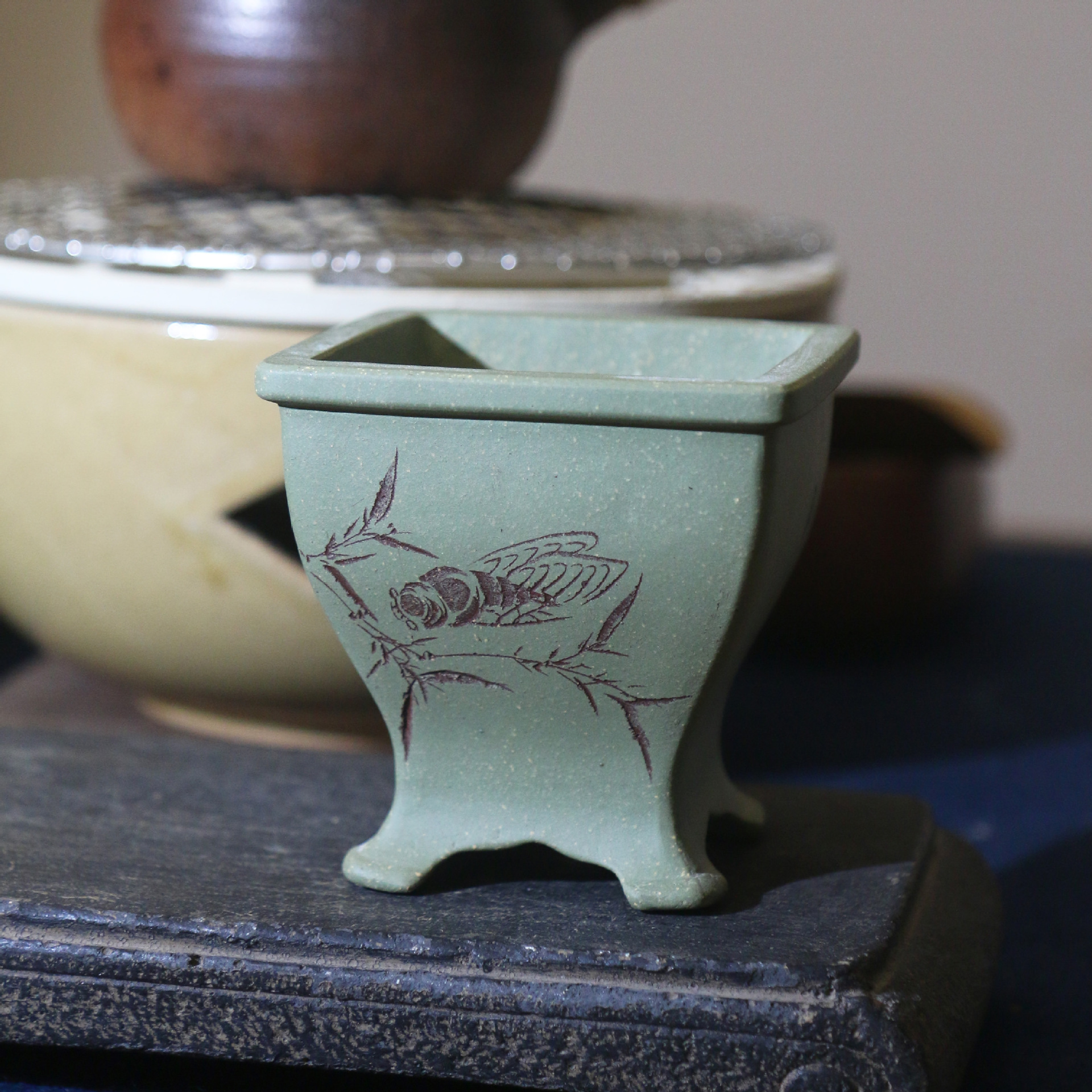 紫砂花盆正方盆景盆苏兵刻绘手工盆名家盆古典桌面盆栽菖蒲盆