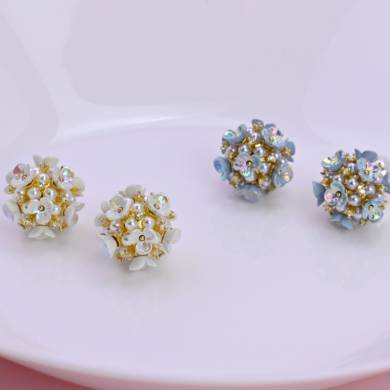 欧美女炫彩花朵镶钻珍珠圆球耳钉