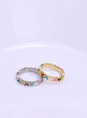 珐琅釉彩清新甜美彩色爱心戒指女