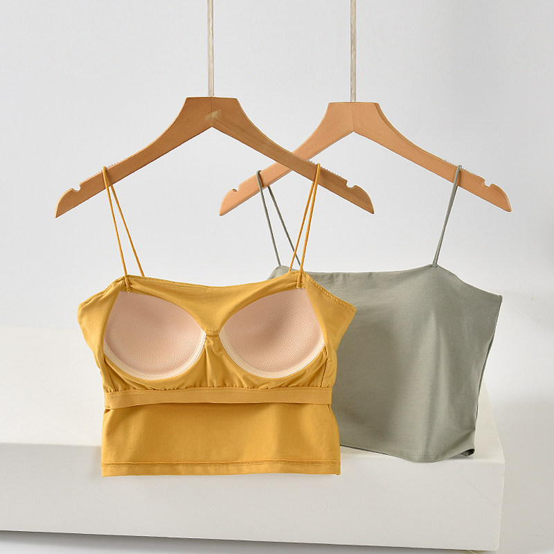 小吊带女带胸垫一字领美背背心露脐上衣内搭外穿平口内衣打底抹胸