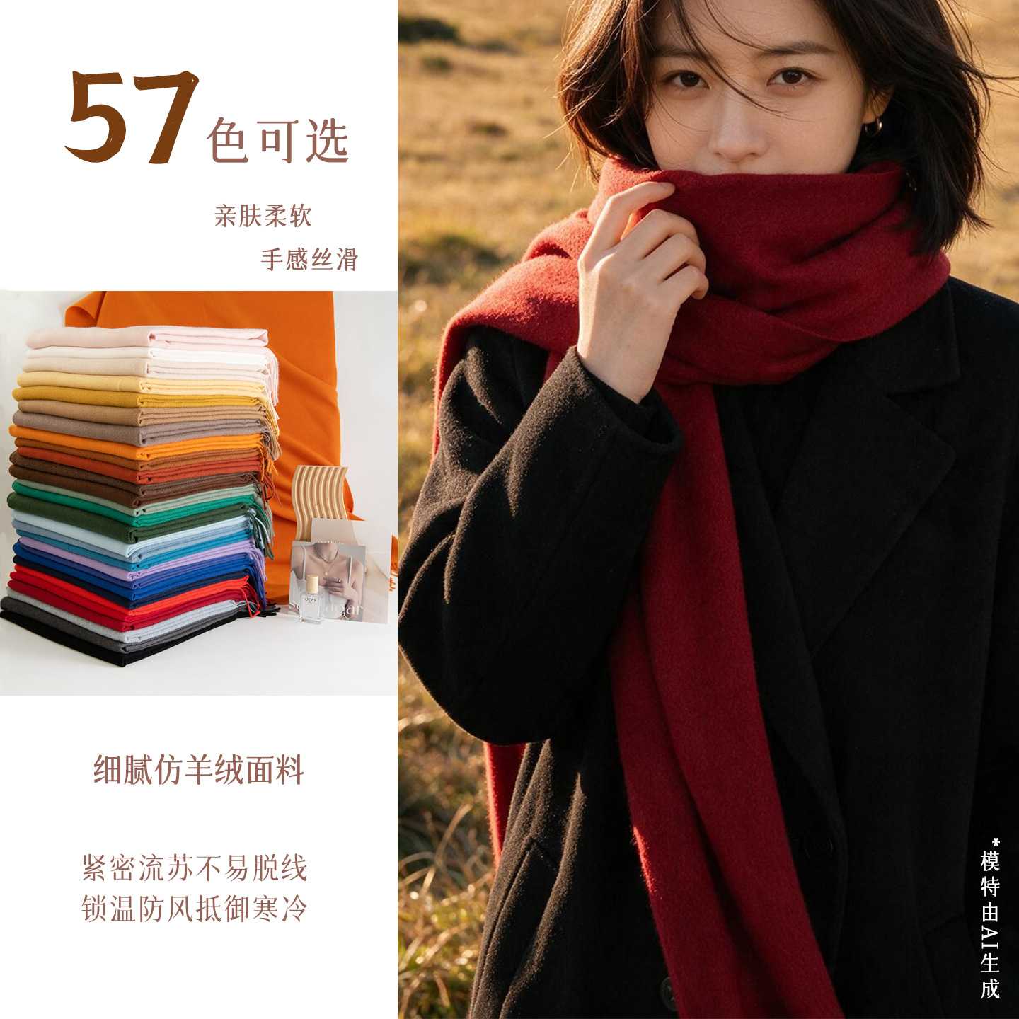 香港高端新款围巾春秋韩系氛围感女士百搭仿羊绒围巾纯色保暖围脖