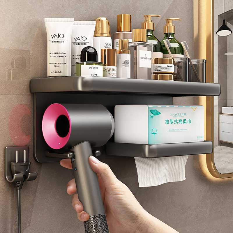 卫生间纸巾盒化妆棉洗脸巾洁面巾置物棉柔壁挂架免打孔吹风机收纳