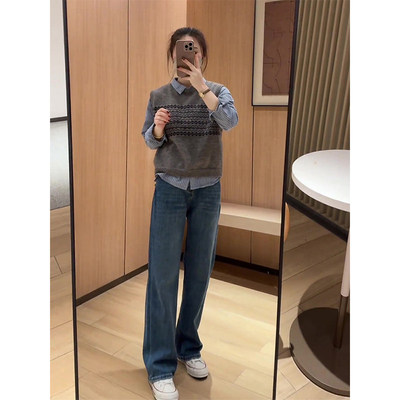 复古蓝窄版阔腿牛仔裤女