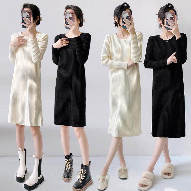 秋冬毛衣裙过膝女2025新款中长款宽松打底内搭黑色针织连衣裙长裙