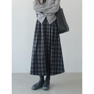 2025秋冬季新款高腰加绒格子a字小个子长款长裙子半身裙女冬天