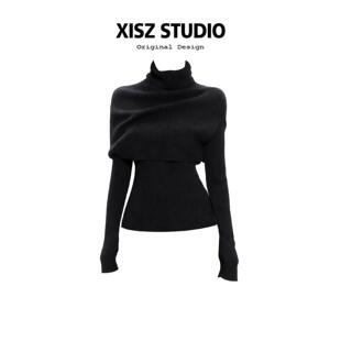 法式高领披肩针织衫女秋冬季修身显瘦打底衫内搭高级感黑色毛衣