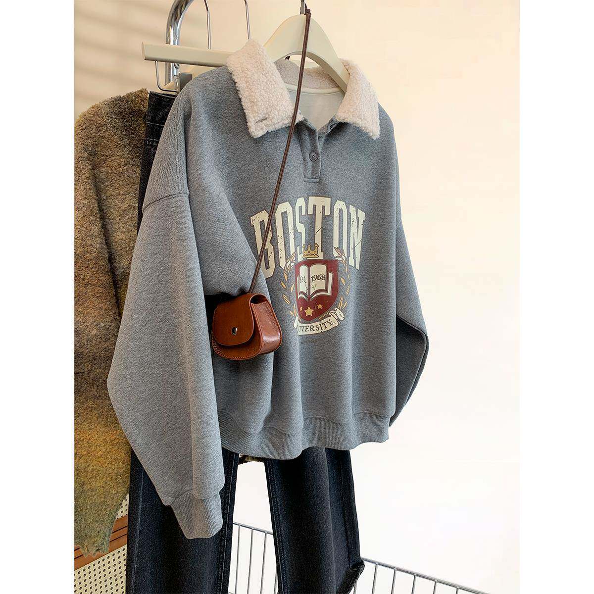 灰色翻领套头无帽加绒卫衣女秋冬2025新款学院风宽松加厚上衣冬季