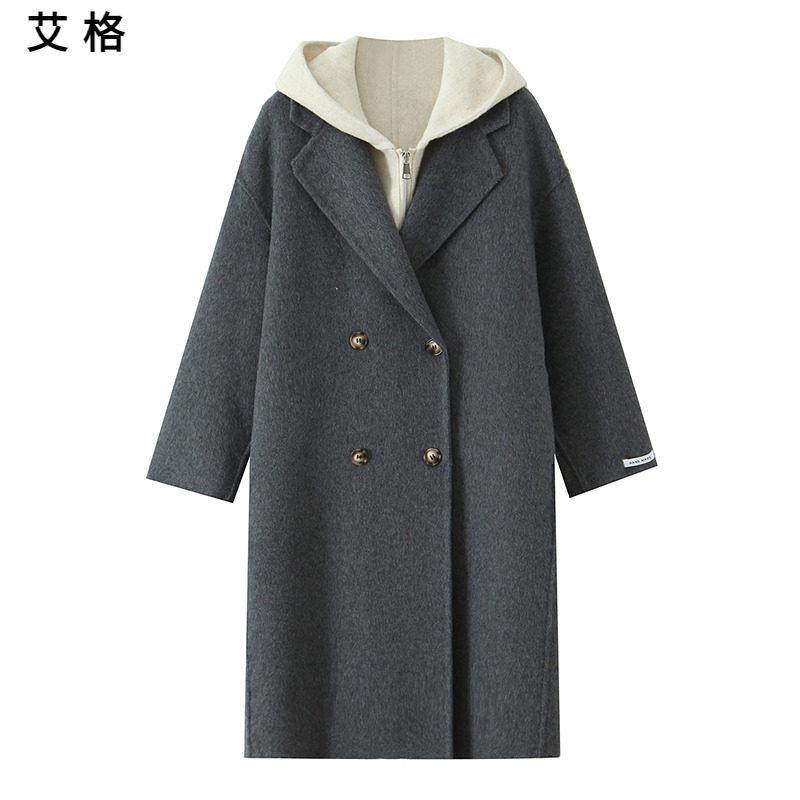 艾格2025冬季新款高级感连帽马甲两件套双面呢大衣女时尚通勤套装