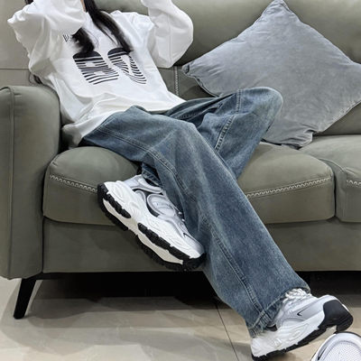 复古蓝直筒牛仔裤女大尺