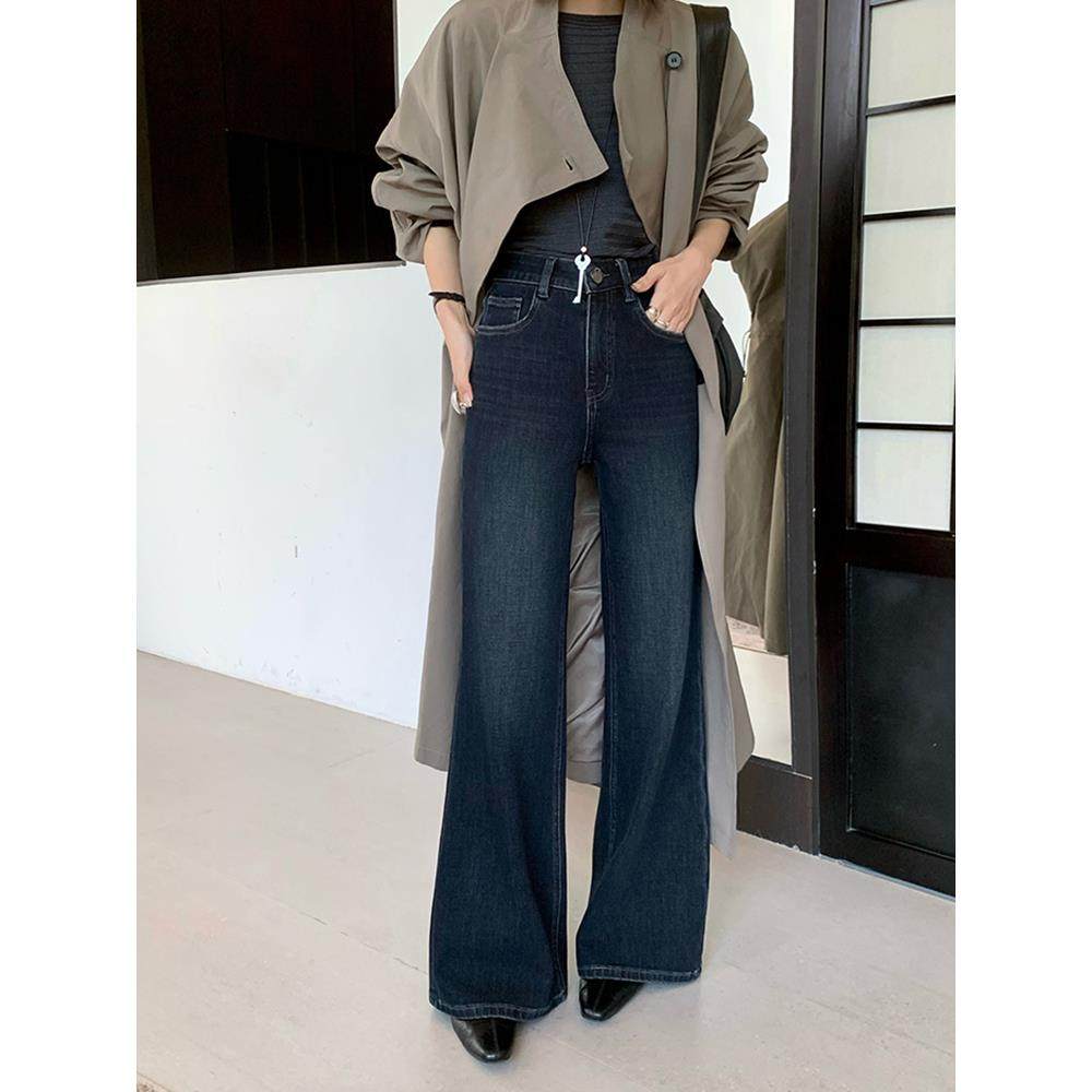 SMX98299加绒直筒微喇牛仔裤女冬季喇叭裤高腰加厚黑金阔腿拖地裤