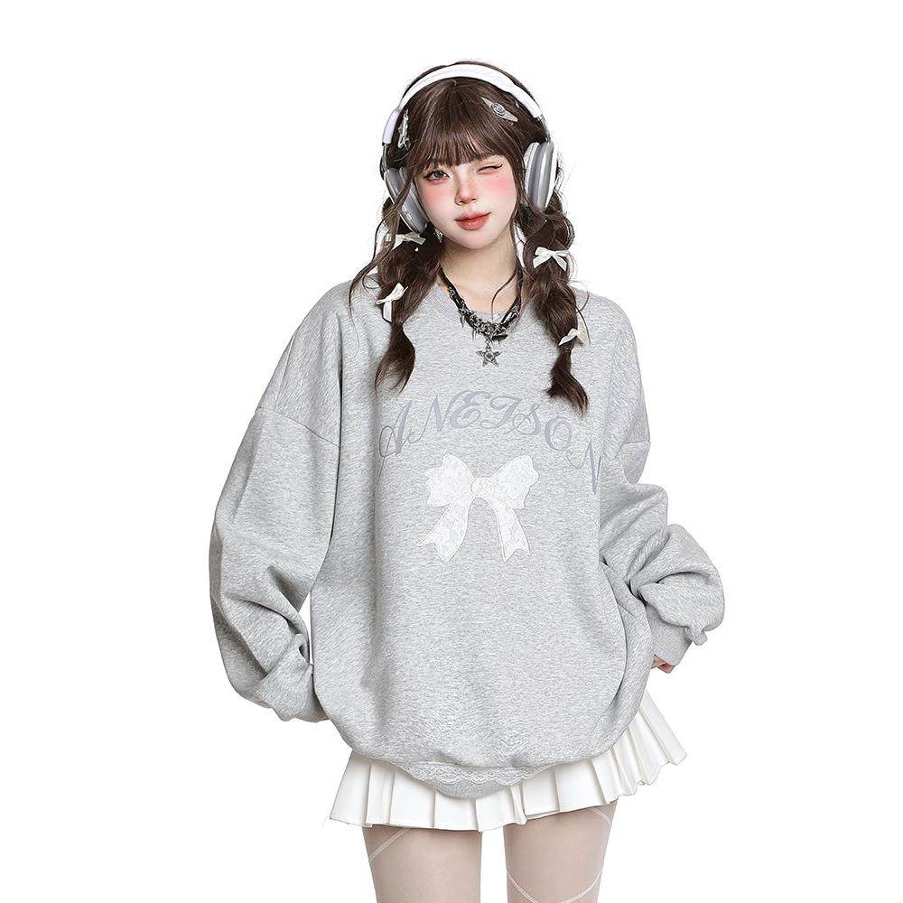 灰色蝴蝶结刺绣圆领卫衣女春季新款2025无帽韩系休闲宽松长袖上衣