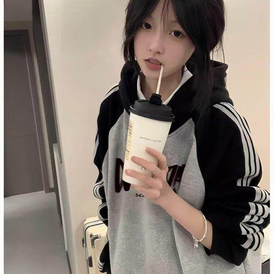 美式复古三条杠撞色连帽卫衣女秋冬新款初中高中学生加厚上衣外套