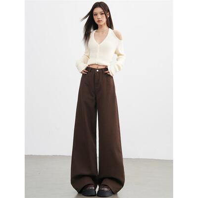 高级垂感咖色阔腿牛仔裤