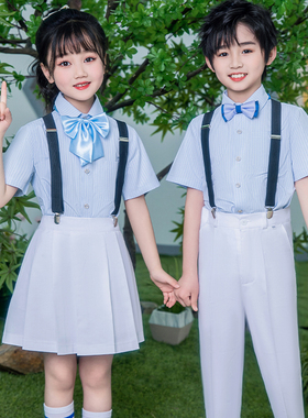 儿童演出服男女大合唱背带裤套装学生诗朗诵衬衫蓝色主持人礼服夏