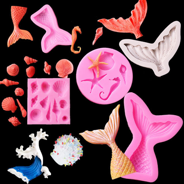 海洋模具蛋糕装饰蓝色系海星海马海螺美人鱼尾巧克力翻糖硅胶模