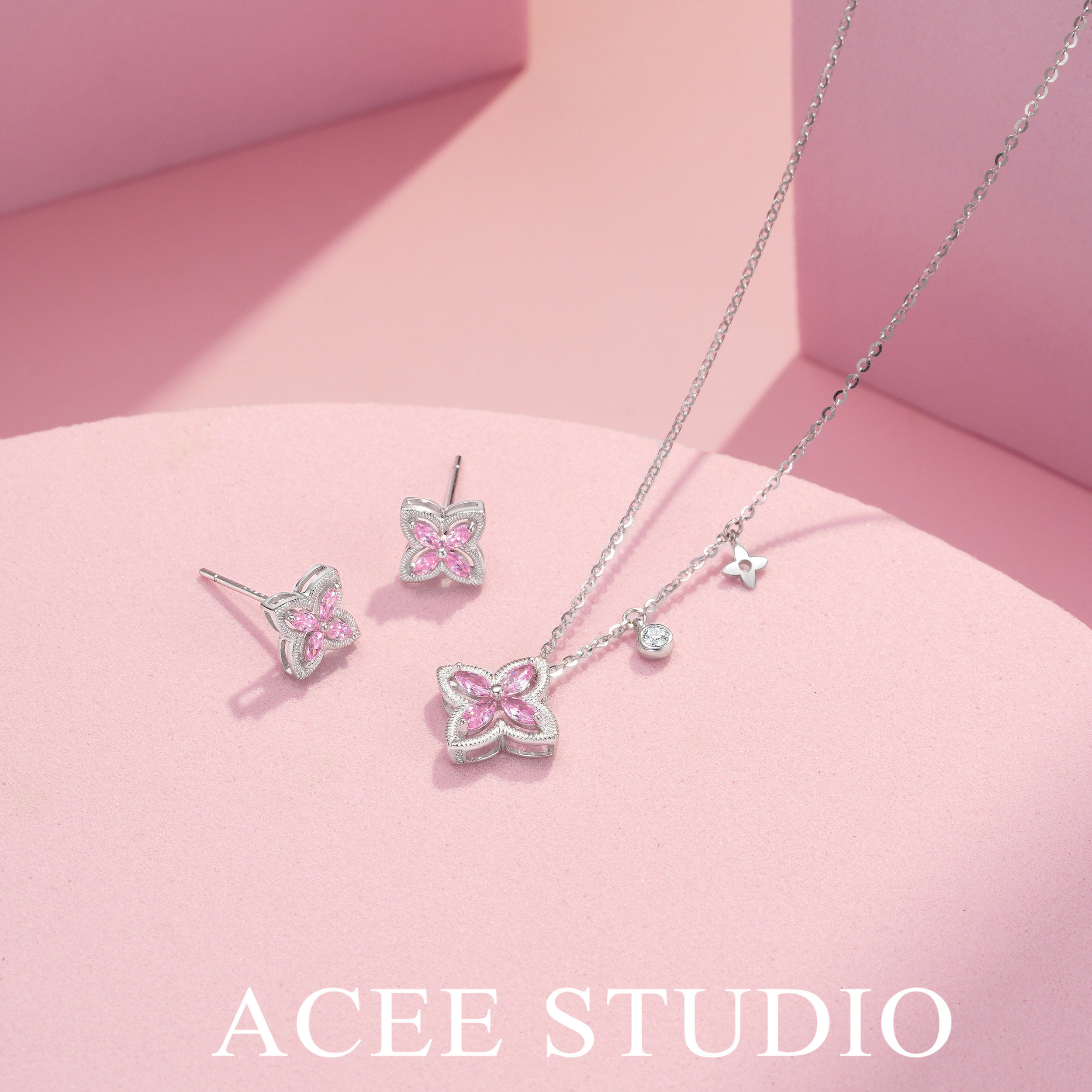 ACEE粉色幸运四叶草轻奢套装女925银镶钻项链耳环两件套小众轻奢