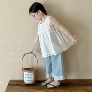 女童森系套装2024夏季新款儿童韩系白色上衣宝宝时髦花边裤子夏天