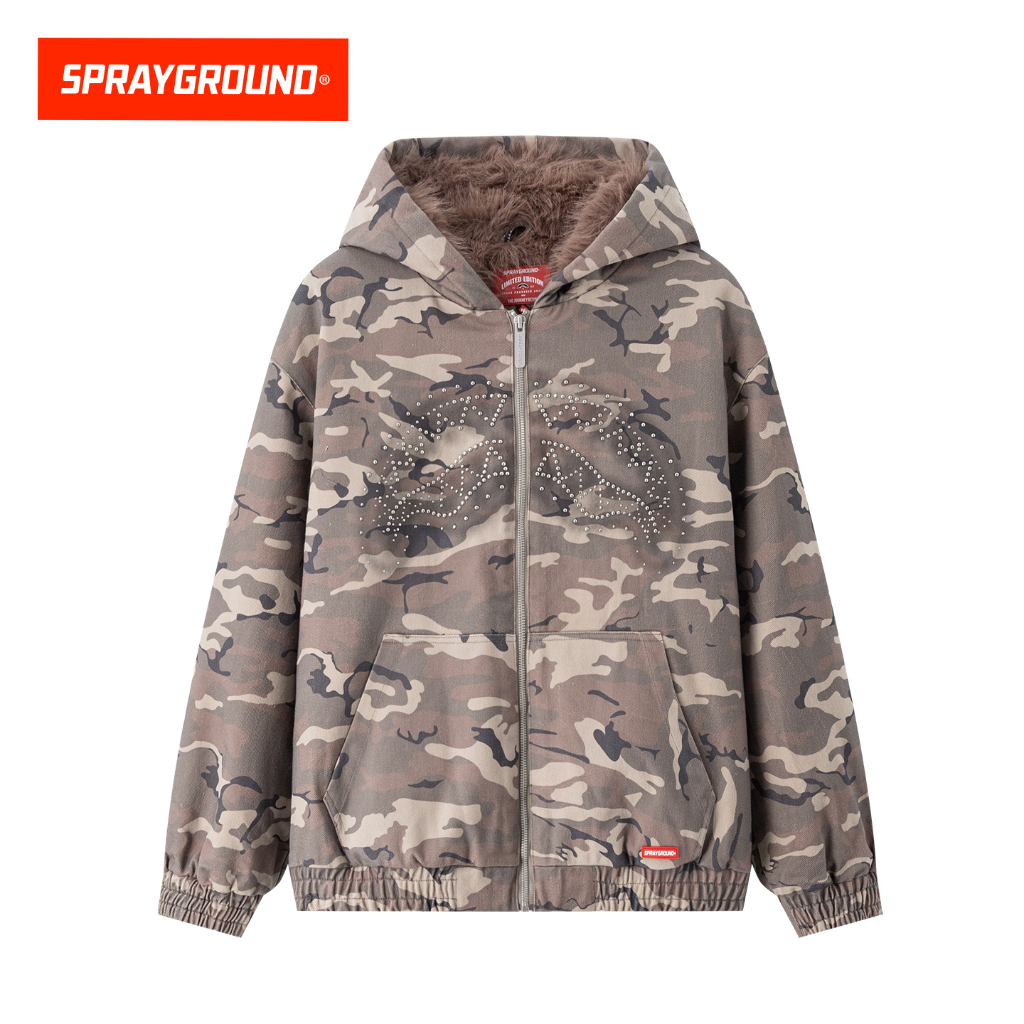 SprayGround钉珠鲨鱼嘴迷彩毛绒夹克男25秋冬迷彩保暖外套棉衣