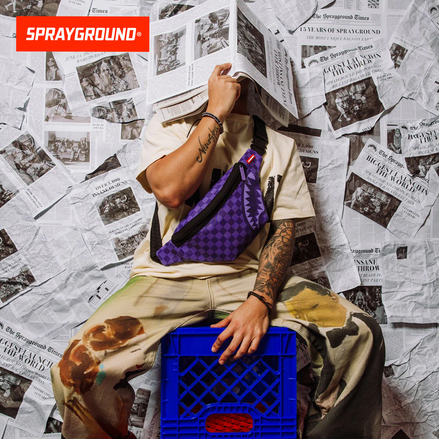 SprayGround鲨鱼嘴2025新款紫色棋盘格胸包美式腰包学生休闲男包