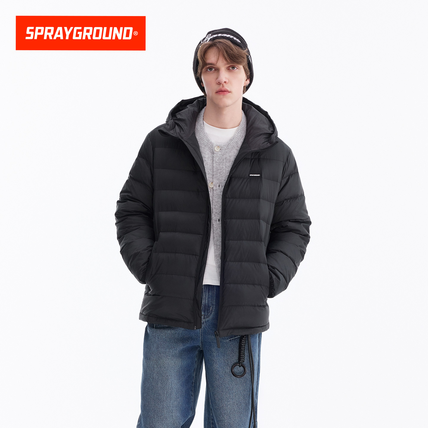 SprayGround鲨鱼嘴25冬季90白鸭绒羽绒服男女保暖连帽羽绒外套