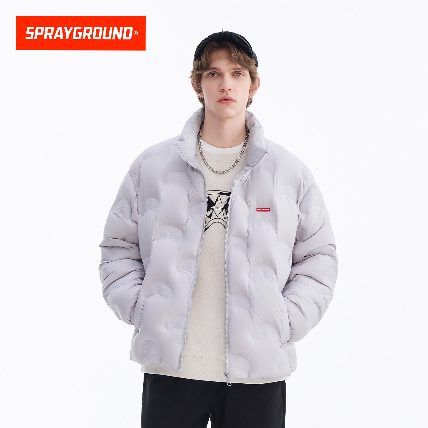 SprayGround压印鲨鱼嘴logo衬衫羽绒服男冬季宽松保暖情侣羽绒衣